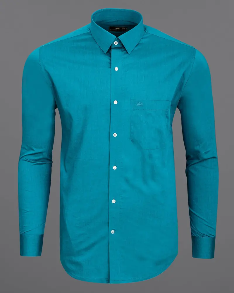Deep Cerulean Blue Chambray Textured Premium Cotton Shirt 5