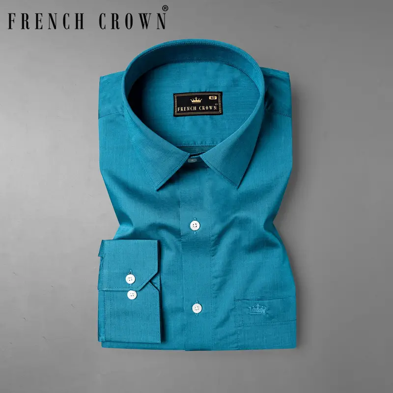 Deep Cerulean Blue Chambray Textured Premium Cotton Shirt 7