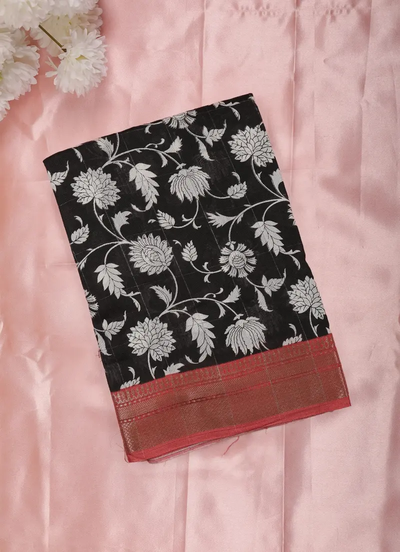 Deep Charcoal Black Floral Printed Design Linen Cotton Saree With Contrast Border 1