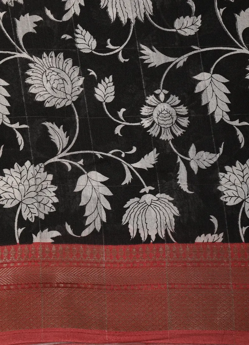 Deep Charcoal Black Floral Printed Design Linen Cotton Saree With Contrast Border 2
