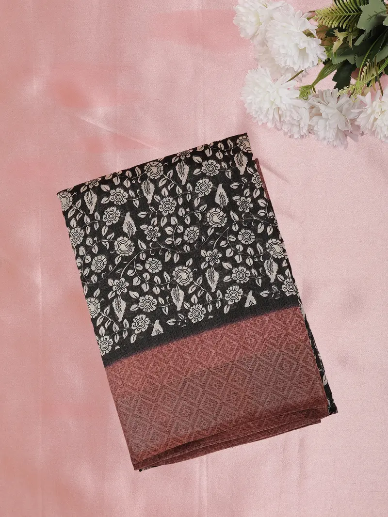 Deep Charcoal Black Floral Printed Design Mixed Cotton Saree With Contrast Border 1
