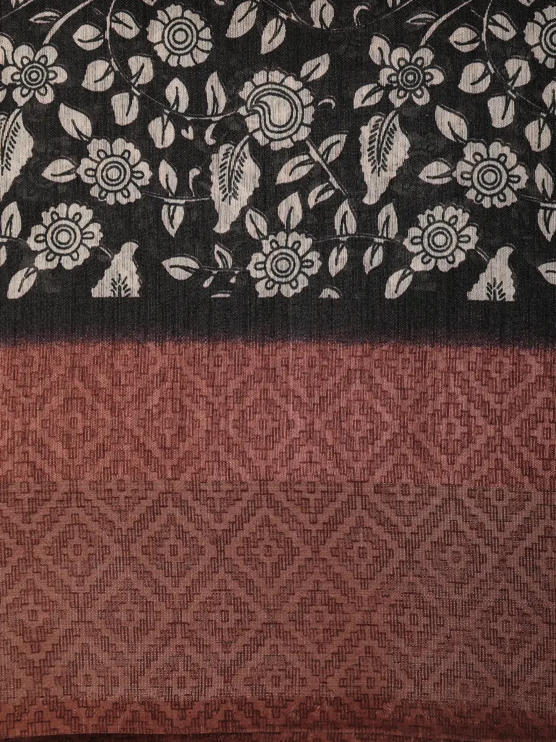 Deep Charcoal Black Floral Printed Design Mixed Cotton Saree With Contrast Border 2