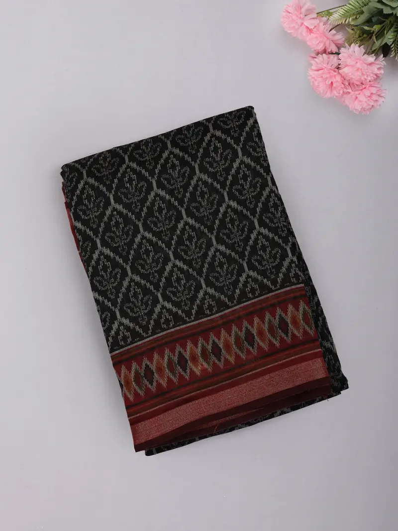 Deep Charcoal Black Geometric Printed Design Mixed Cotton Saree 1