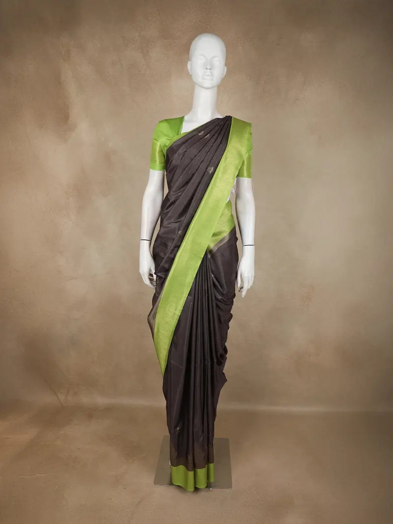 Deep Charcoal Black Gold Zari Butta Woven Design Semi Tussar Saree With Contrast Border 1