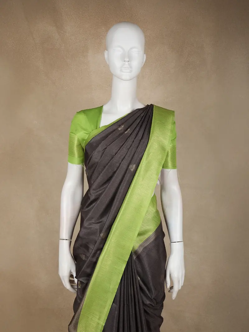 Deep Charcoal Black Gold Zari Butta Woven Design Semi Tussar Saree With Contrast Border 2