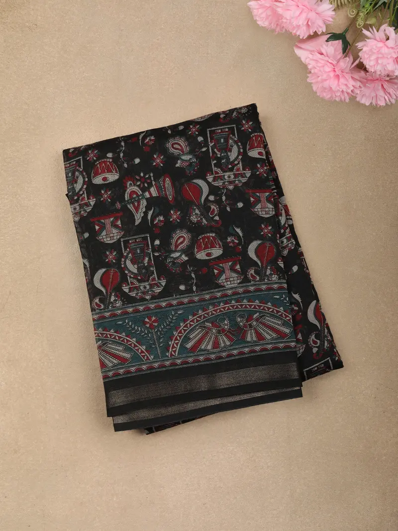 Deep Charcoal Black Traditional Folk Printed Design Chanderi Cotton Saree With Zari Border 1