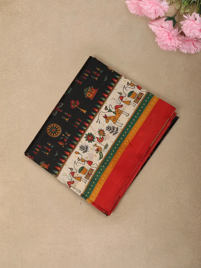 Deep Charcoal Black Traditional Folk Printed Design Crepe Casual Wear Saree 1