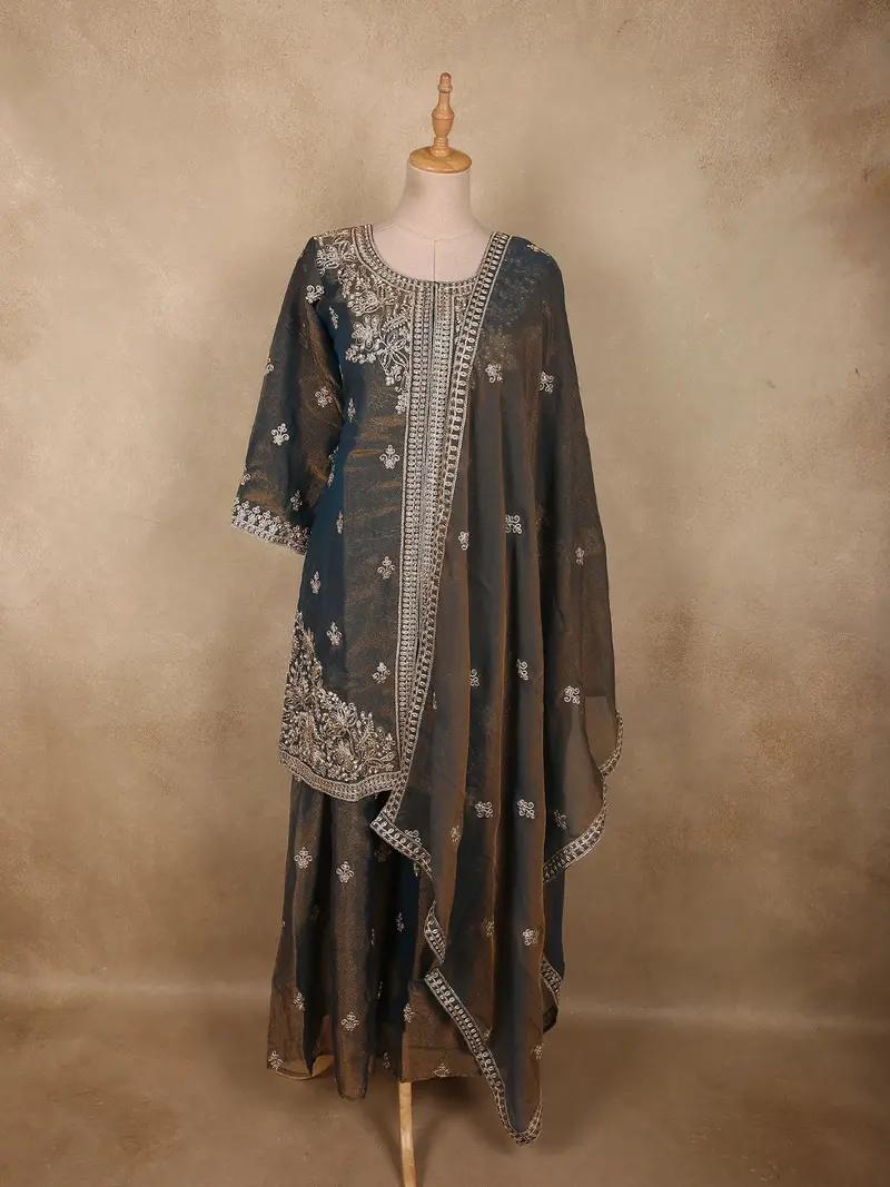 Deep Charcoal Grey Floral Zari Embroidered Design Organza Palazzo Suit With Dupatta 1