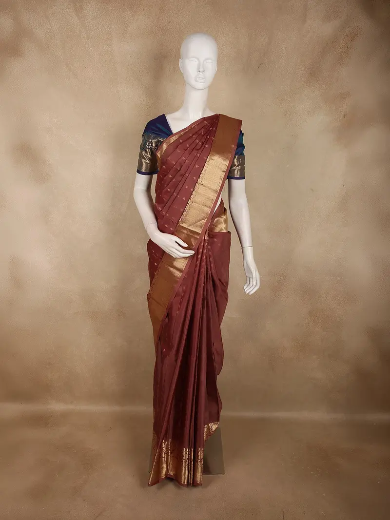 Deep Chestnut Brown Butta Zari Woven Design Pure Kanchipuram Silk Saree With Peacock Zari Border 1