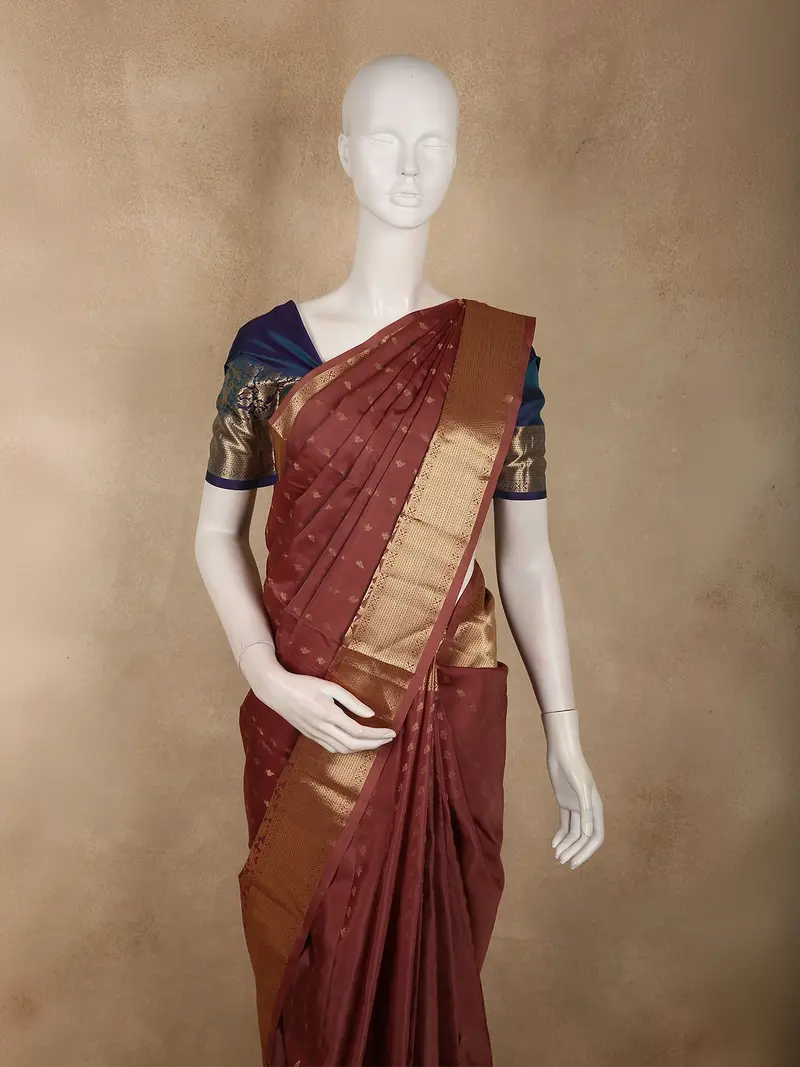 Deep Chestnut Brown Butta Zari Woven Design Pure Kanchipuram Silk Saree With Peacock Zari Border 2