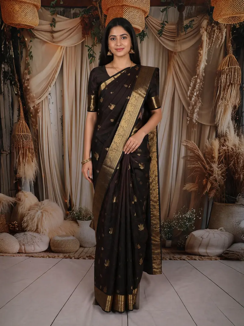 Deep Chocolate Brown Birds Butta Zari Woven Design Kanchipuram Silk Saree With Elephant Zari Border 1