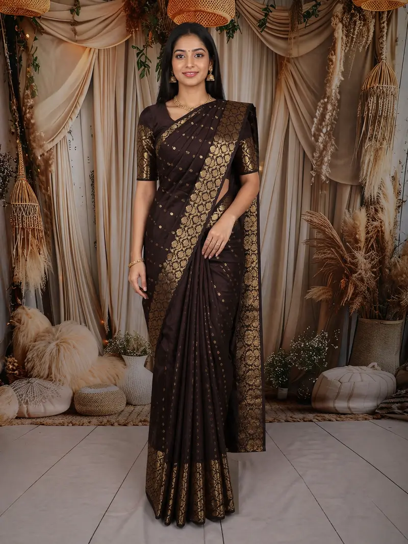 Deep Chocolate Brown Butta Zari Woven Design Kanchipuram Silk Saree With Floral Zari Border 1
