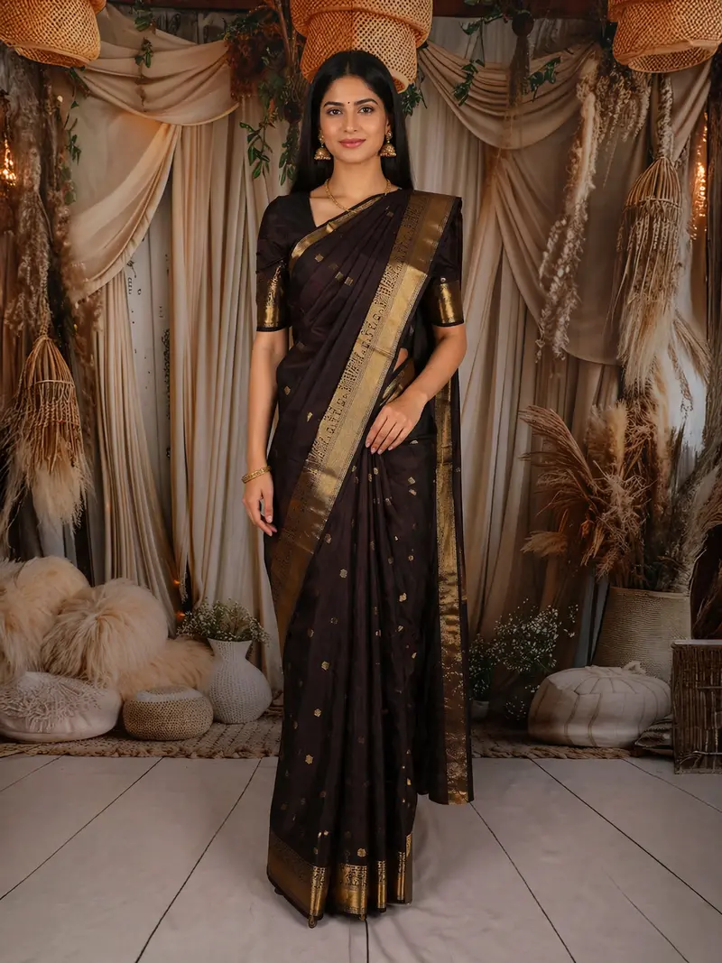 Deep Chocolate Brown Floral Butta Zari Woven Design Kanchipuram Silk Saree With Elephant Motif Zari Border 1