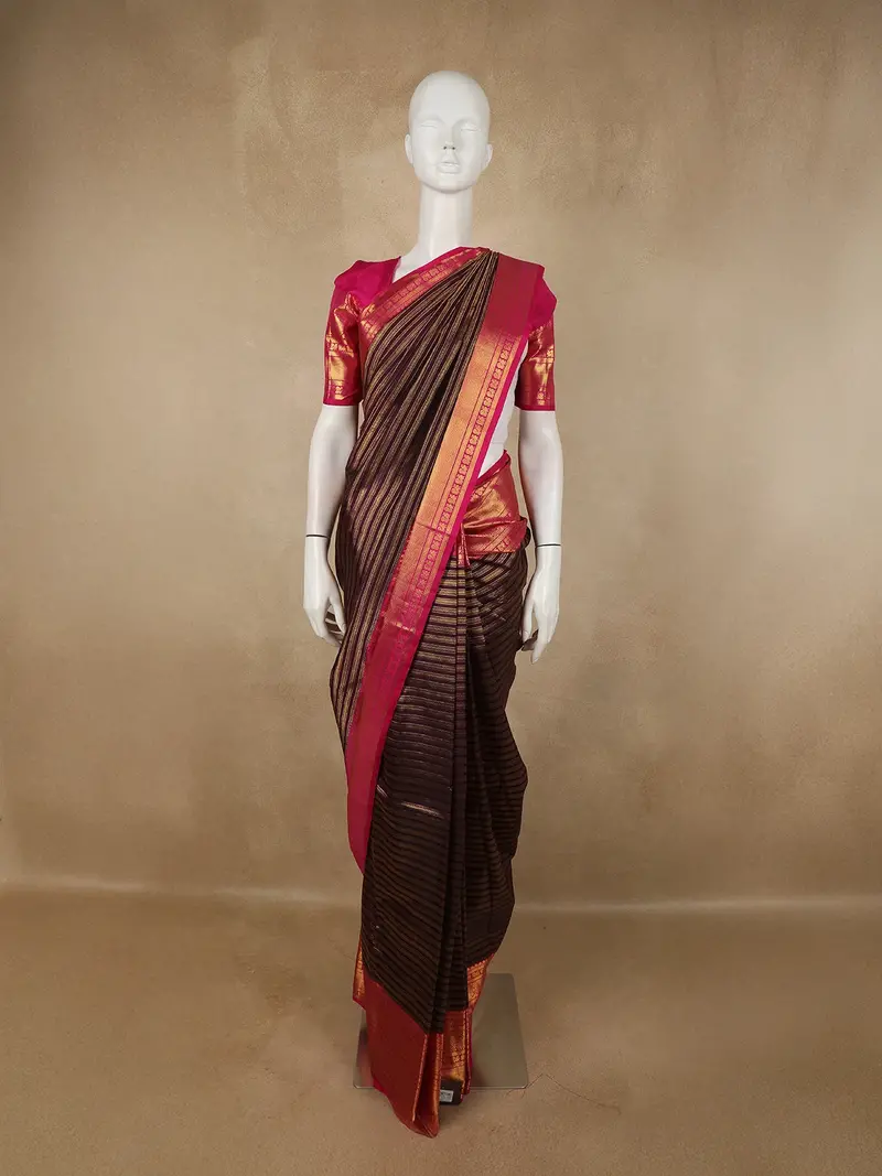 Deep Chocolate Brown Striped Woven Design Pure Kanchipuram Silk Saree With Contrast Zari Border 1