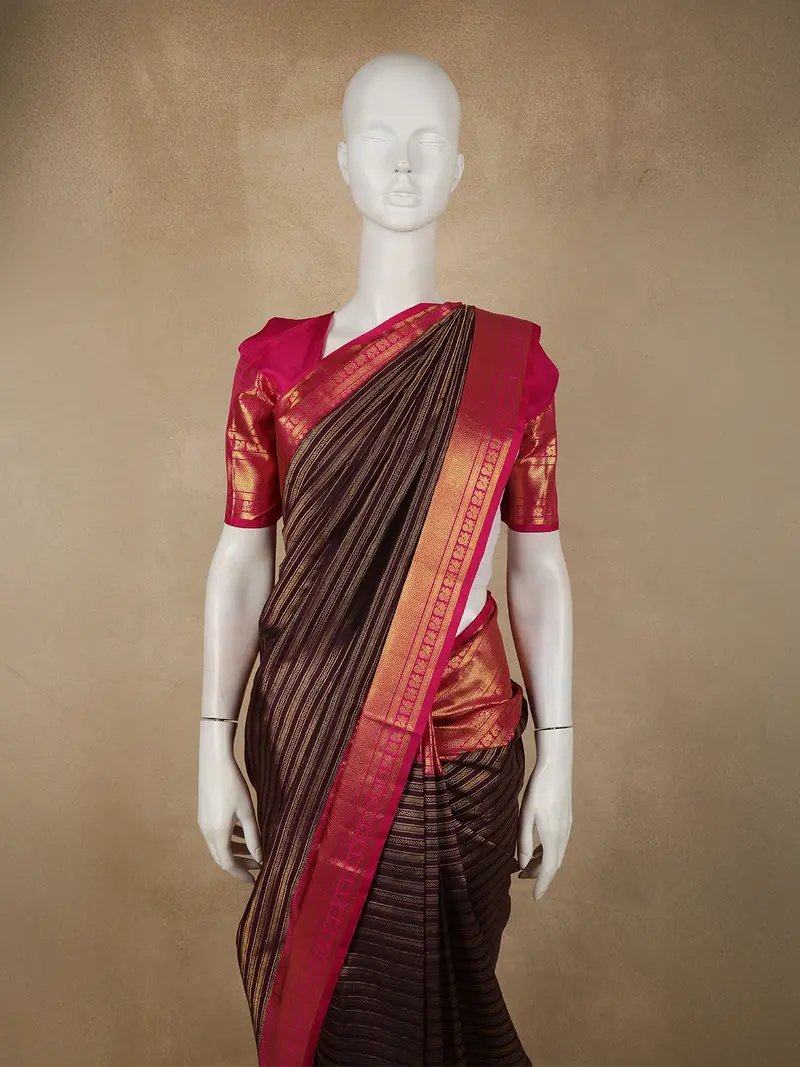 Deep Chocolate Brown Striped Woven Design Pure Kanchipuram Silk Saree With Contrast Zari Border 2
