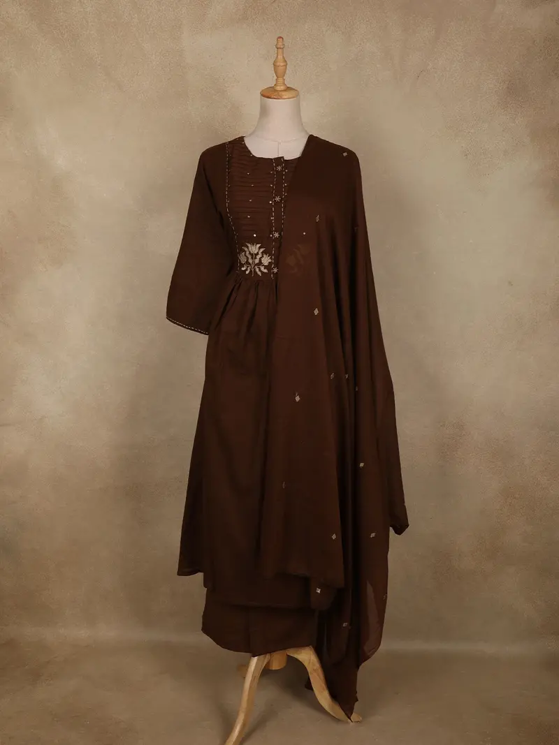 Deep Coco Brown Floral Thread Embroidered Design Cotton Anarkali Salwar Suit 1