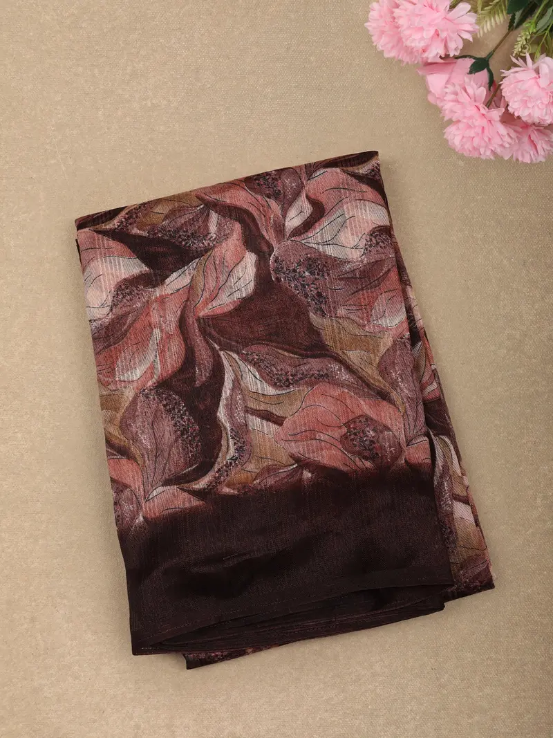 Deep Cocoa Brown Abstract Floral Printed Design Mixed Cotton Saree 1