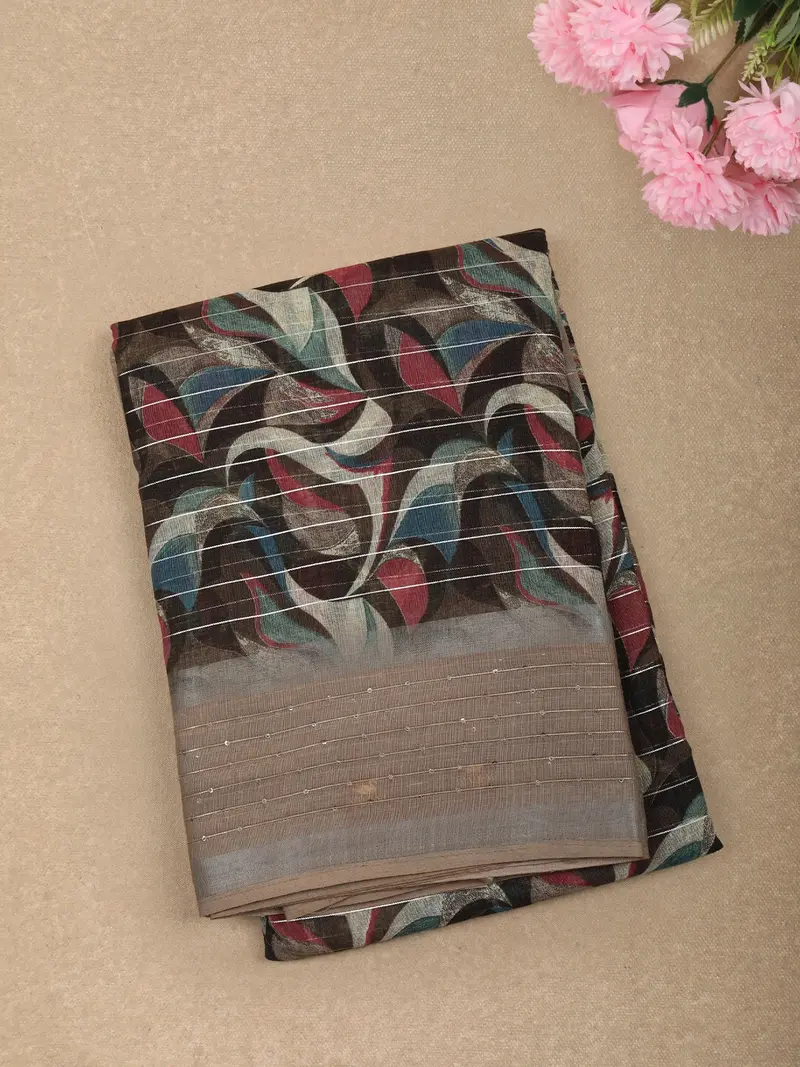 Deep Cocoa Brown Abstract Leaf Printed Design Linen Cotton Casual Wear Saree With Sequins Border 1