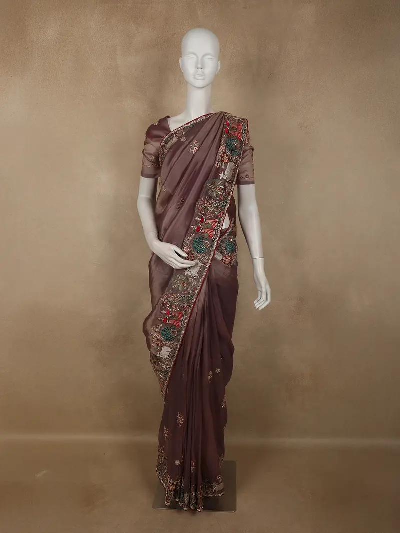 Deep Cocoa Brown Floral Embroidered Design Tissue Organza Designer Saree 1