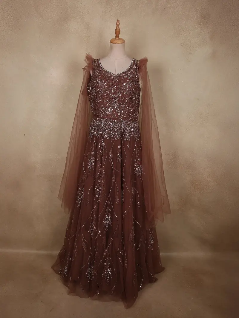 Deep Cocoa Brown Heavy Sequins And Stone Embellished Design Net Party Wear Gown 1