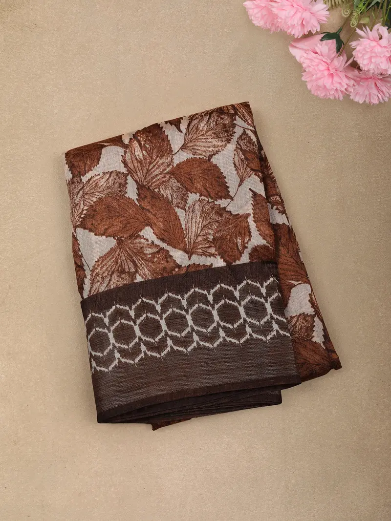 Deep Cocoa Brown Leaf Printed Design Linen Cotton Casual Wear Saree 1