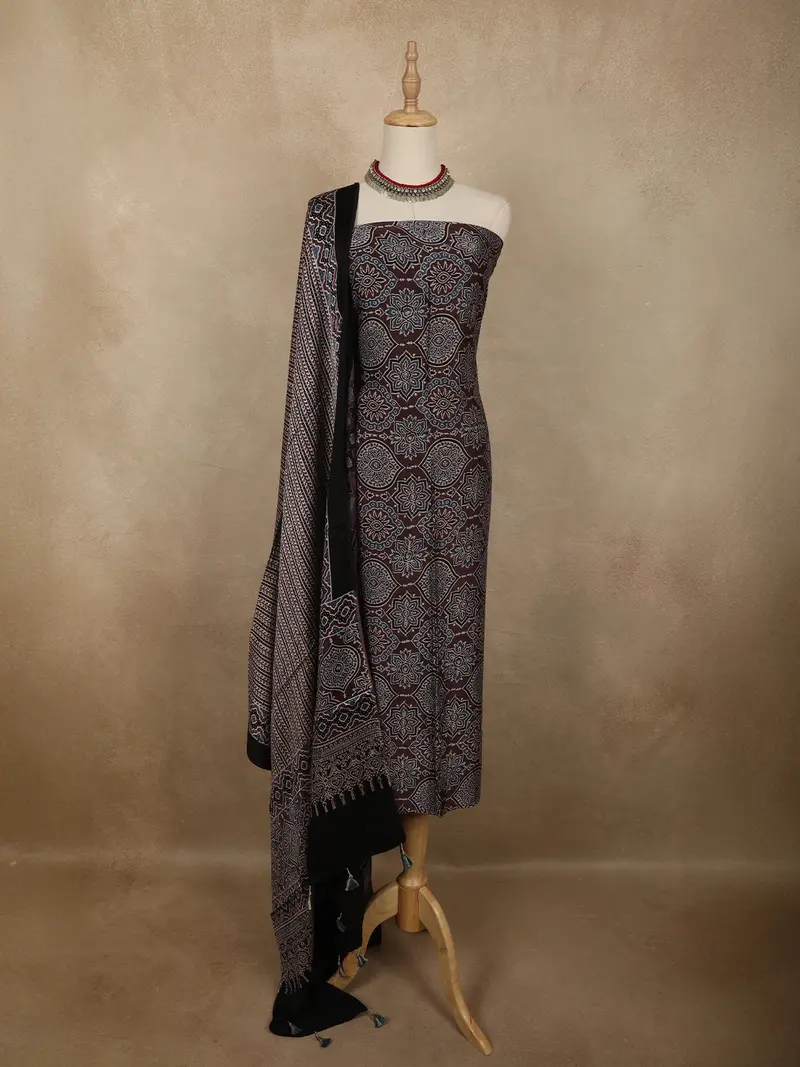 Deep Cocoa Brown Traditional Ajrakh Printed Design Cotton Unstitched Salwar Material 1