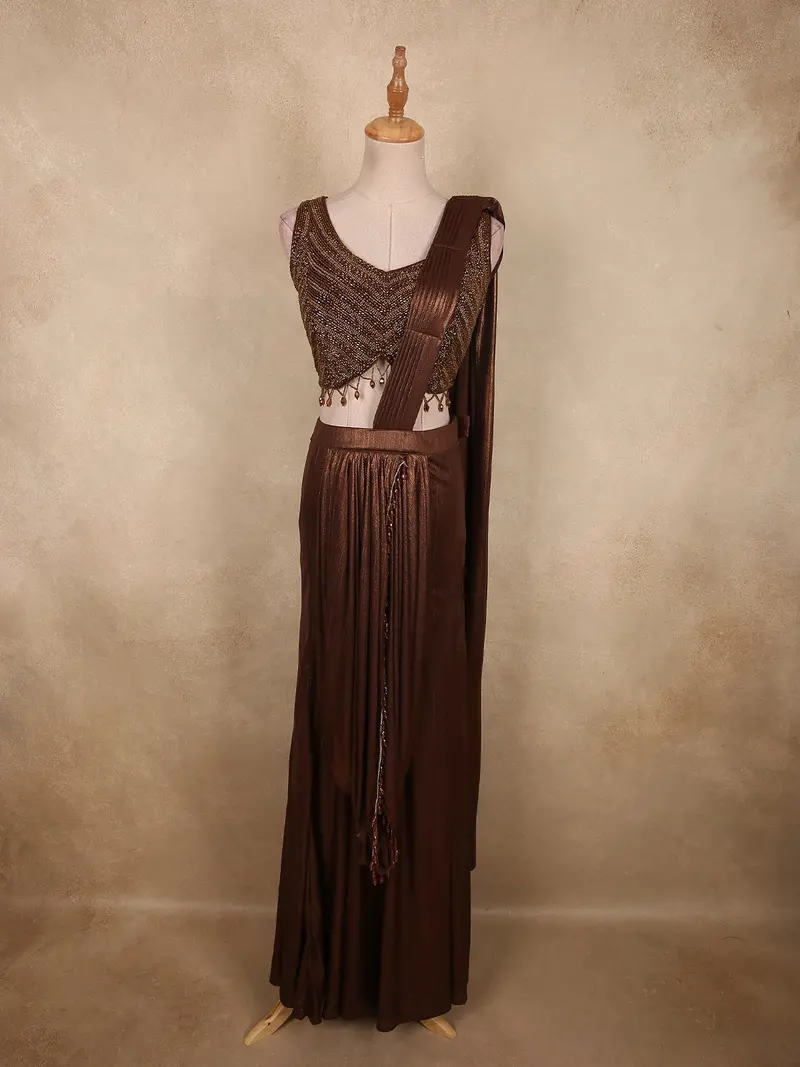 Deep Cocoa Chocolate Brown Solid Design Organza Ready To Wear Saree With Designer Blouse 1