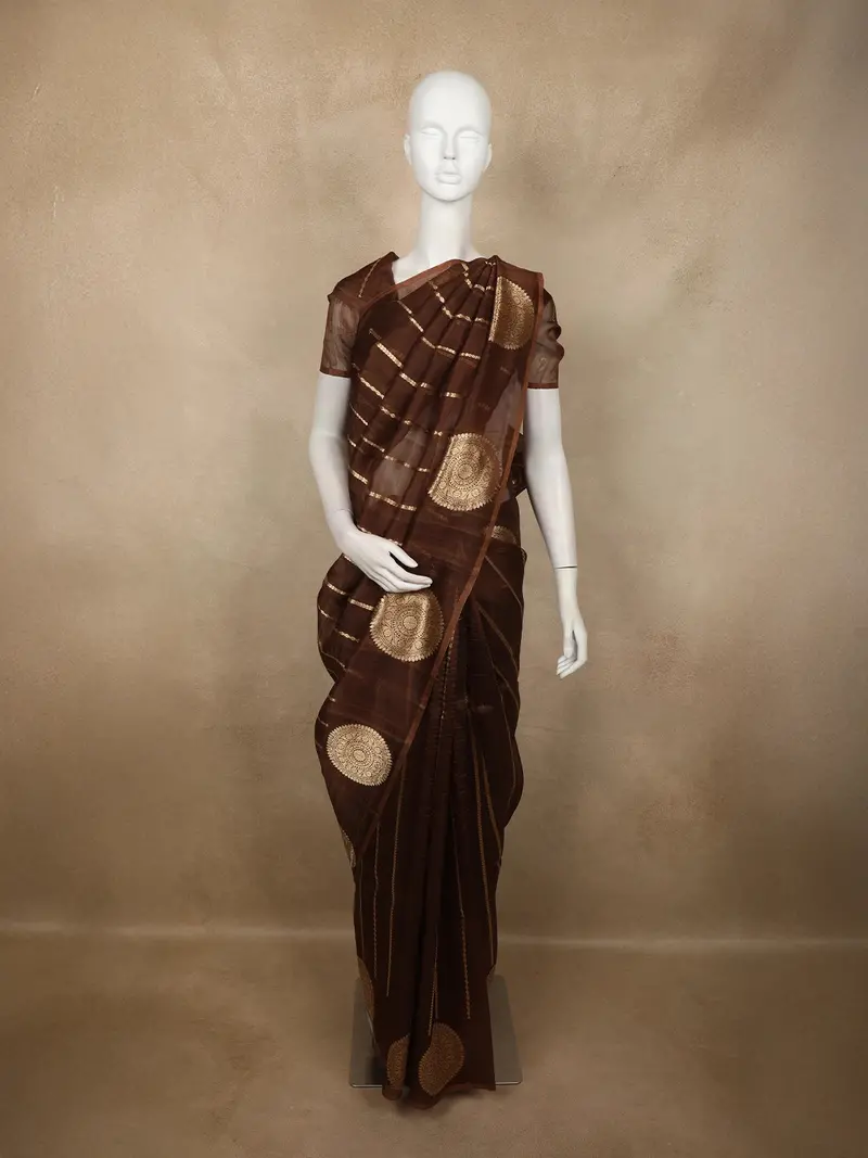 Deep Cocoa Chocolate Brown Striped Zari Woven Design Pure Banarasi Saree Wit Circular Border 1