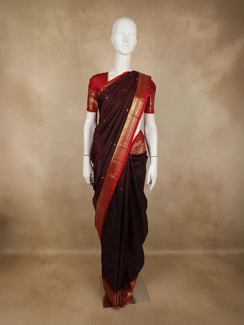Deep Coffee Brown Butta Zari Woven Design Pure Kanchipuram Silk Saree With Contrast Zari Border 1