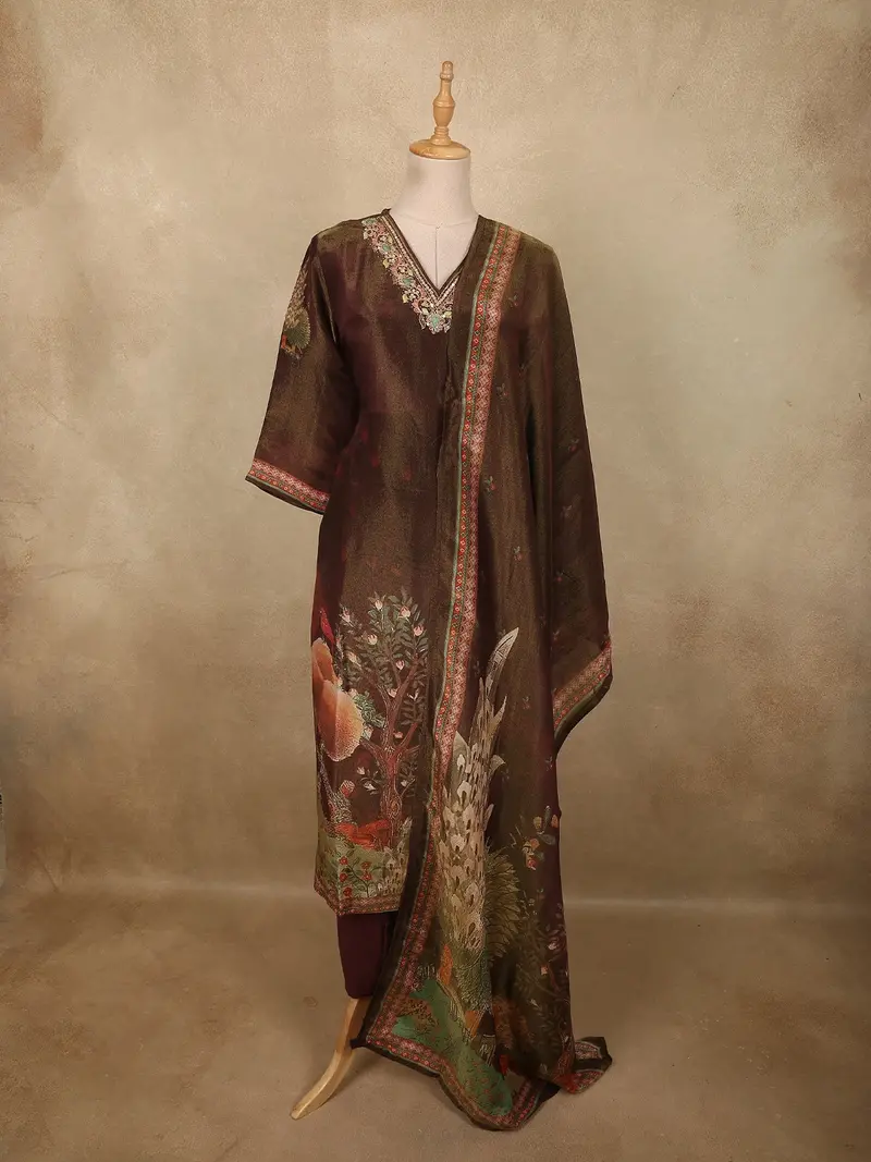 Deep Coffee Brown Floral Thread Embroidered Design Tissue Silk Salwar Suit 1