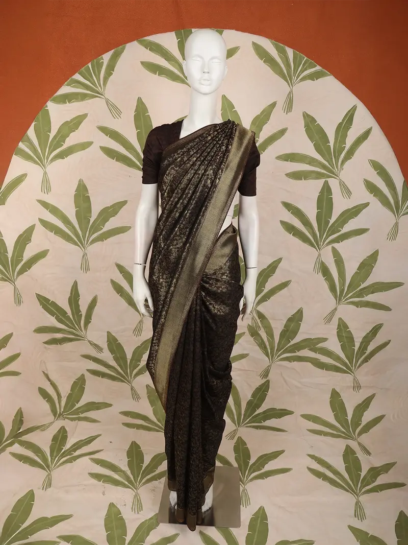 Deep Coffee Brown Floral Zari Woven Design Banarasi Silk Fancy Saree With Designer Border 1