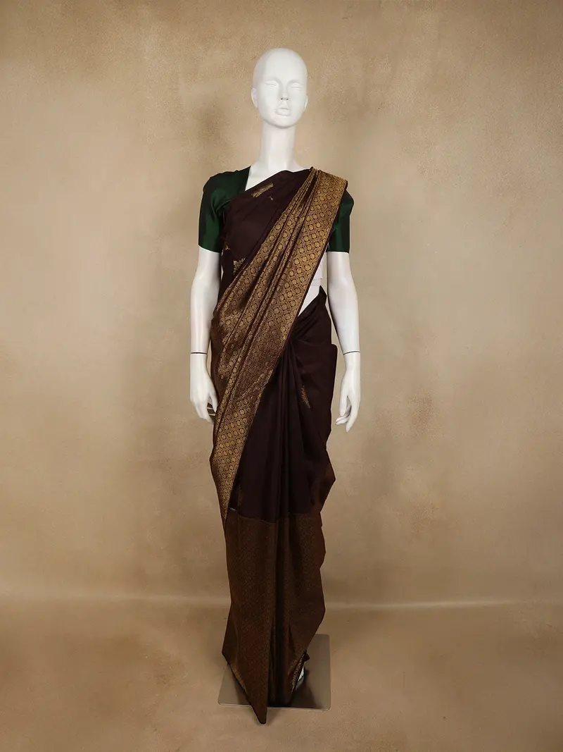 Deep Coffee Brown Geometric Zari Woven Design Pure Kanchipuram Silk Saree 1
