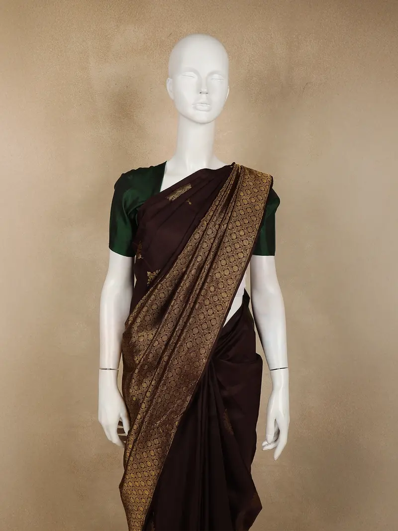 Deep Coffee Brown Geometric Zari Woven Design Pure Kanchipuram Silk Saree 2