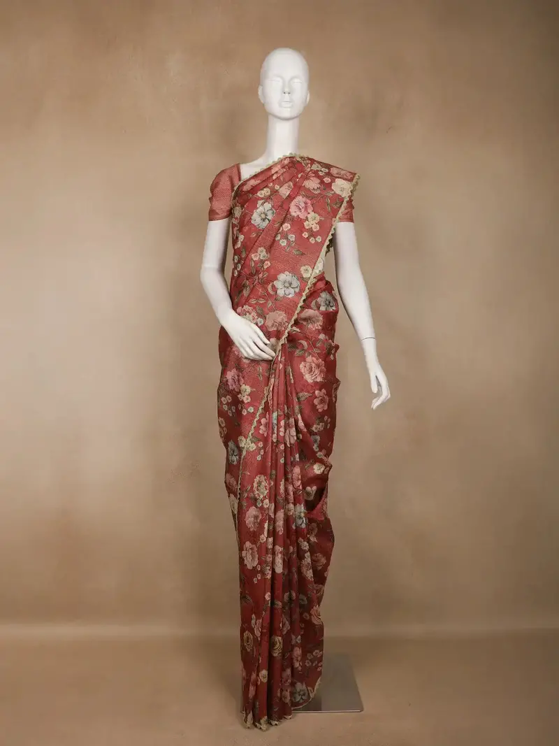 Deep Coral Floral Printed Tussar Silk Saree 1
