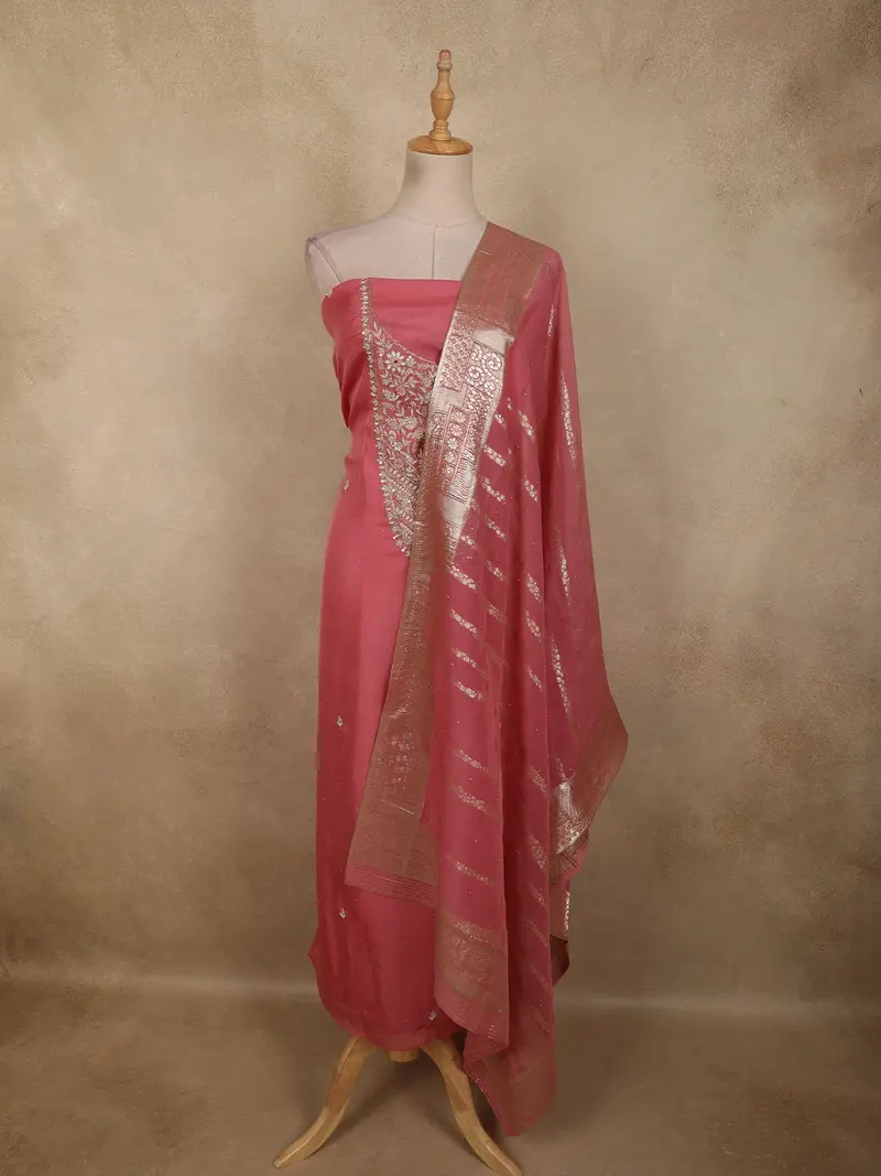 Deep Coral Pink Floral Sequins Embroidered Design Tissue Unstitched Salwar Material With Dupatta 1