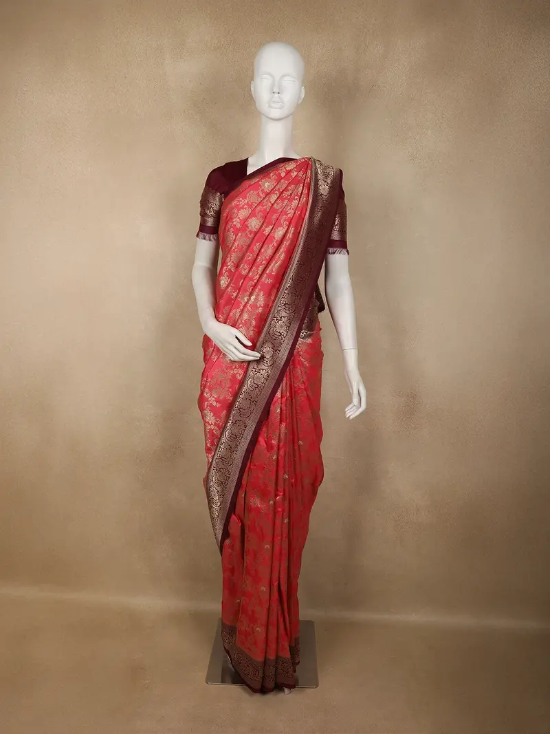 Deep Coral Red Floral Zari Woven Design Banarasi Silk Saree With Contrast Border 1