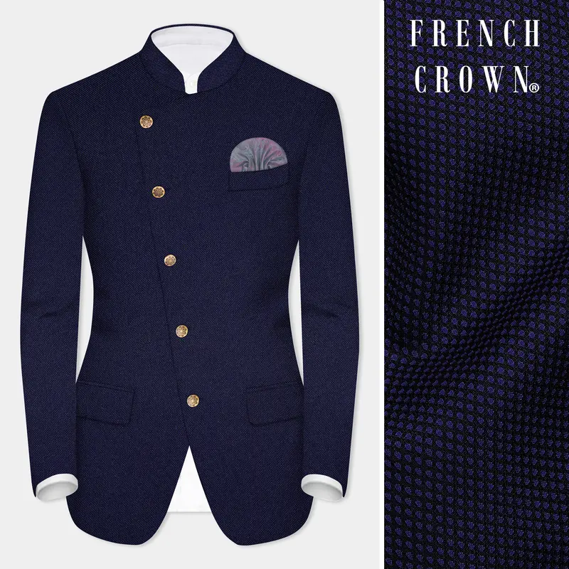Deep Cove Blue Wool Rich Cross Placket Bandhgala Blazer 1