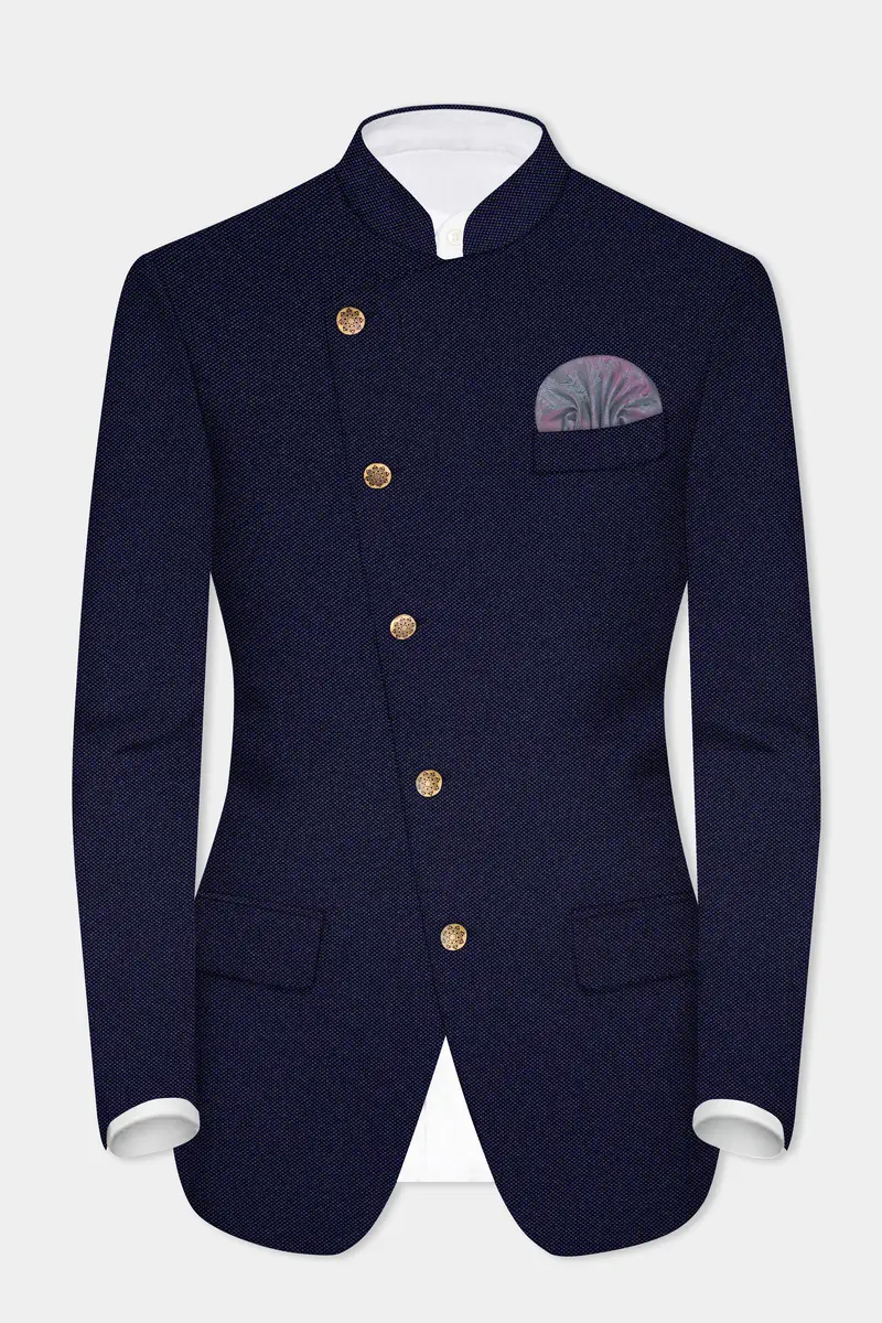 Deep Cove Blue Wool Rich Cross Placket Bandhgala Blazer 2