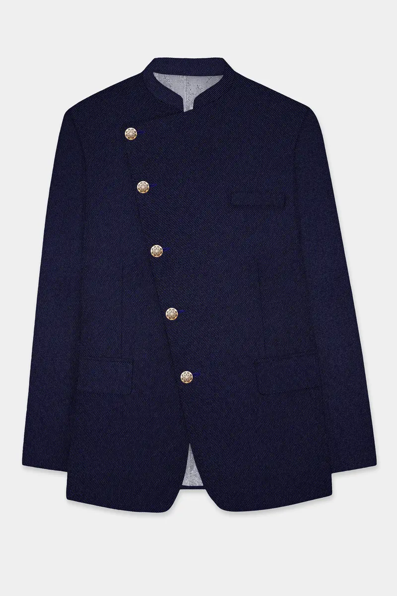Deep Cove Blue Wool Rich Cross Placket Bandhgala Blazer 6