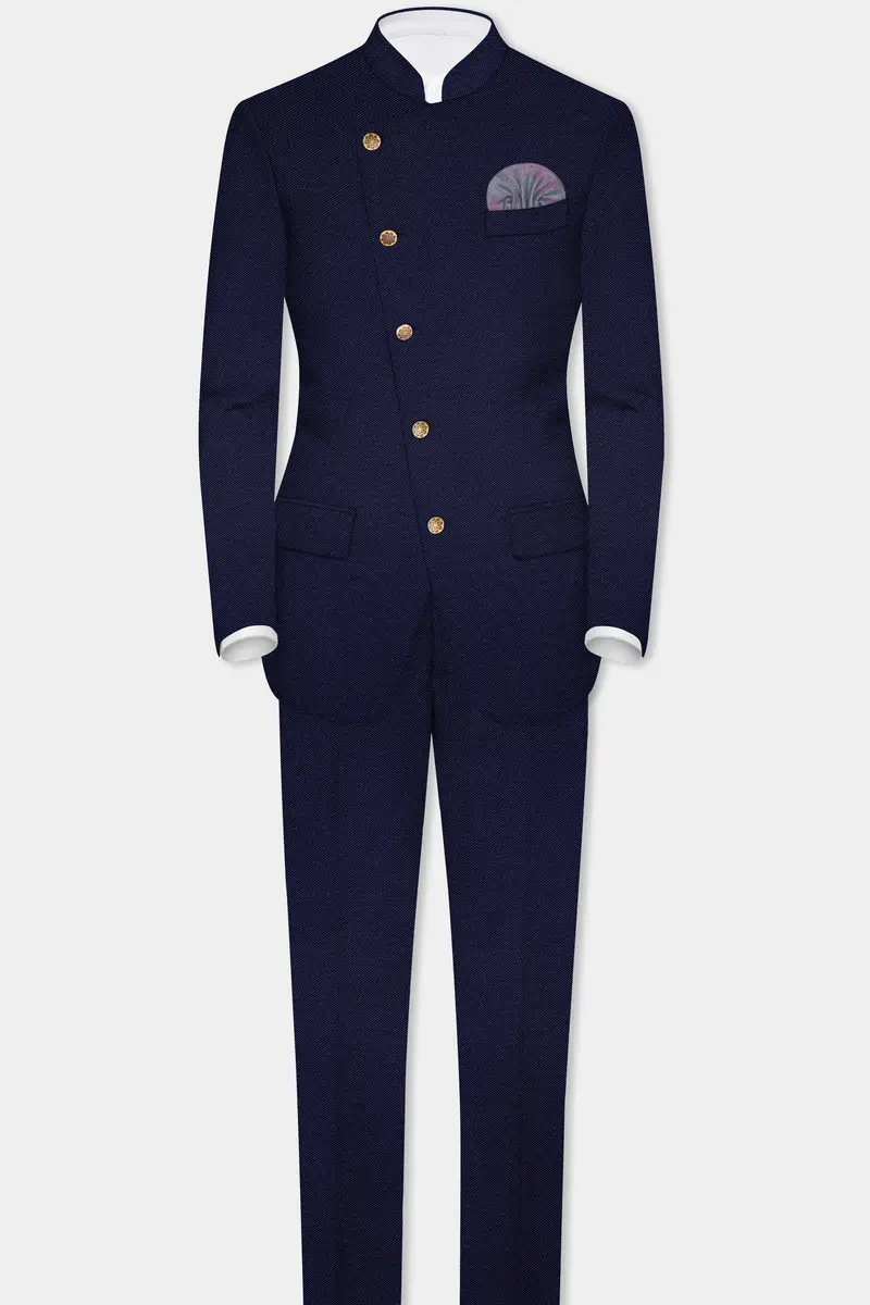 Deep Cove Blue Wool Rich Cross Placket Bandhgala Blazer 8