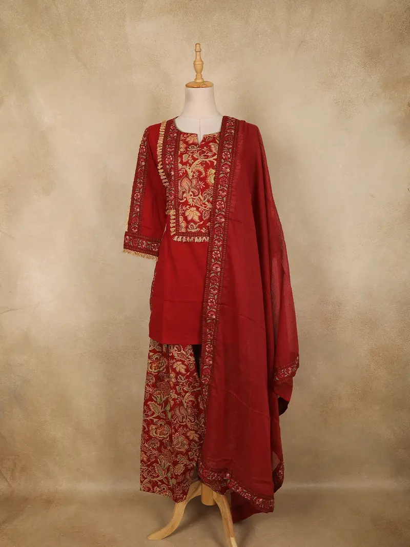 Deep Crimson Red Floral Printed Design Cotton Straight Cut Salwar Suit With Dupatta 1
