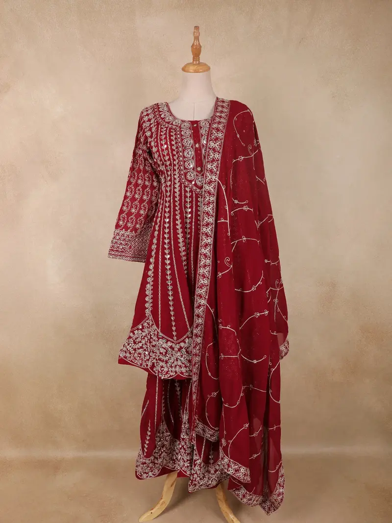 Deep Crimson Red Floral Sequins And Thread Embroidered Design Georgette Palazzo Suit With Dupatta 1
