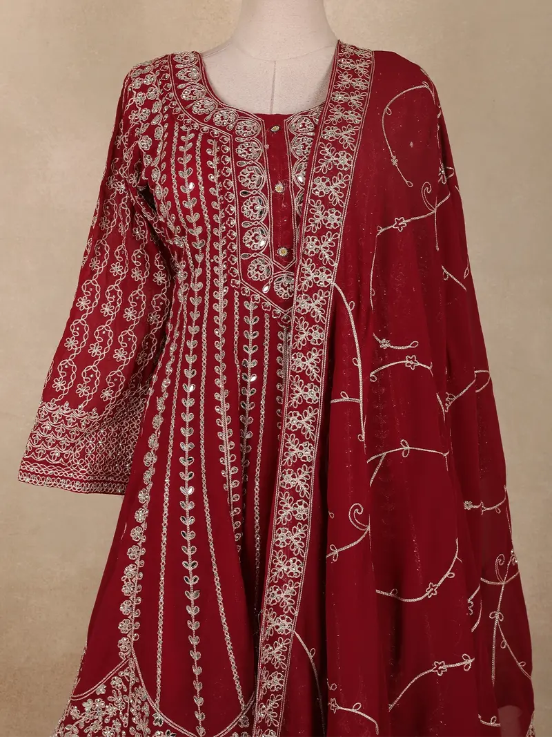 Deep Crimson Red Floral Sequins And Thread Embroidered Design Georgette Palazzo Suit With Dupatta 2