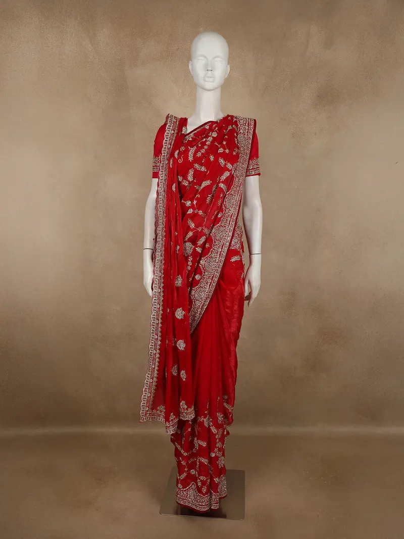 Deep Crimson Red Floral Zari Embroidered And Stone Embellished Design Crepe Designer Saree With Separate Dupatta 1
