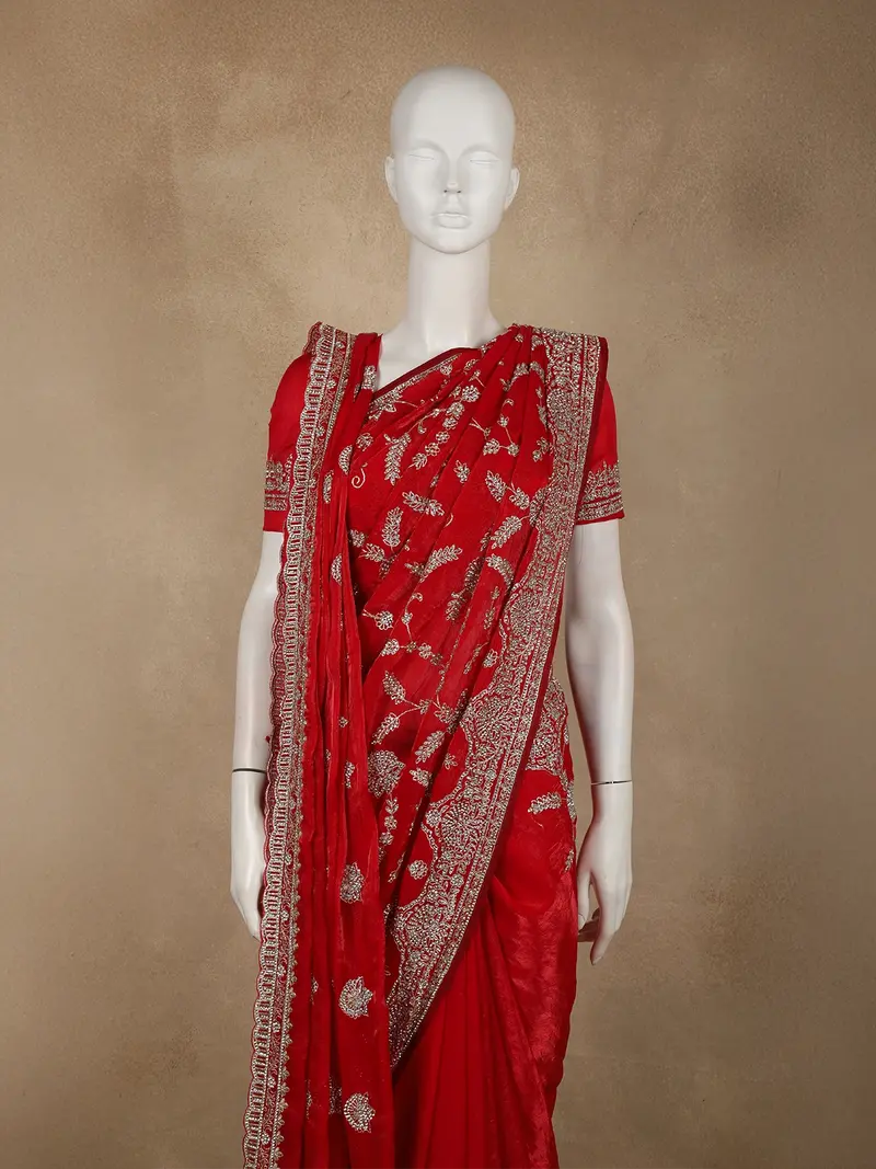 Deep Crimson Red Floral Zari Embroidered And Stone Embellished Design Crepe Designer Saree With Separate Dupatta 2