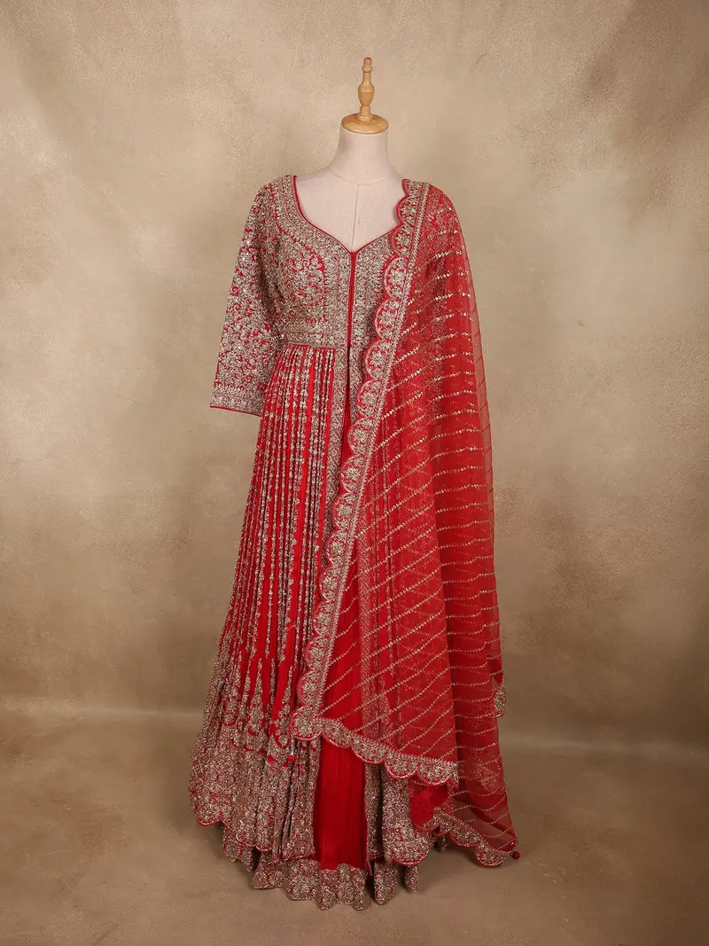 Deep Crimson Red Floral Zari Embroidered Design Georgette Mastani Lehenga With Dupatta 1