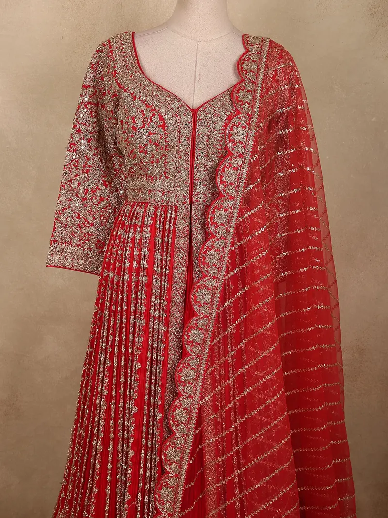 Deep Crimson Red Floral Zari Embroidered Design Georgette Mastani Lehenga With Dupatta 2