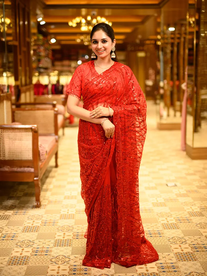 Deep Crimson Red Heavy Sequins Embroidered Design Net Designer Saree With Blouse 1