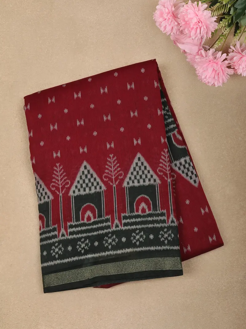 Deep Crimson Red Ikat Printed Design Chanderi Cotton Saree With Zari Border 1