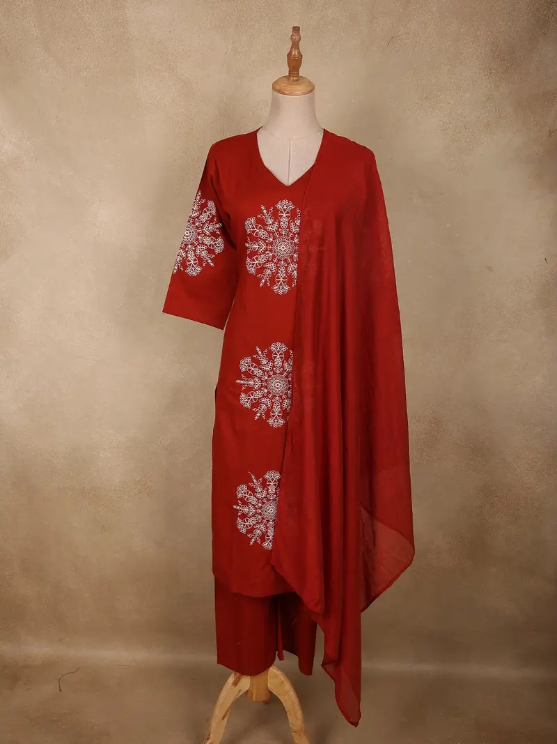 Deep Crimson Red Thread Embroidered Design Cotton Salwar Suit With Dupatta 1